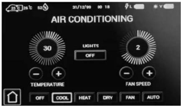 25°C 26°C 52 31/12/99 00 18 AIR CONDITIONING 30 LIGHTS OFF 2 - + - + TEMPERATURE FAN SPEED OFF COOL HEAT DRY FAN AUTO