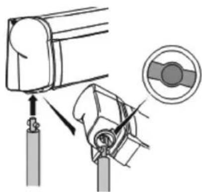 Technical diagram showing mechanical assembly with labeled parts and directional arrows indicating motion or force