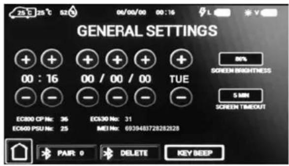 GENERAL SETTINGS 00 : 16 00 / 00 / 00 TUE 80% SCREEN BRIGHTNESS 5 MIN SCREEN TIMEOUT EC800 CP No: 36 EC600 PSU No: 25 EC630 No: 31 MEI No: 6939483728282828 PAIR: 0 DELETE KEY BEEP