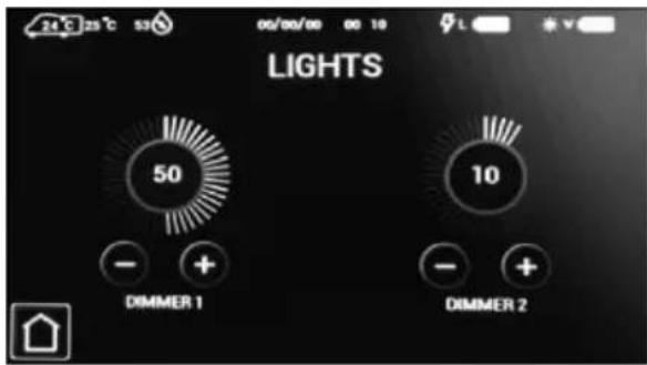 24°C 25°C 53 00/00/00 00 10 LIGHTS 50 - + - + DIMMER 1 10 - + DIMMER 2