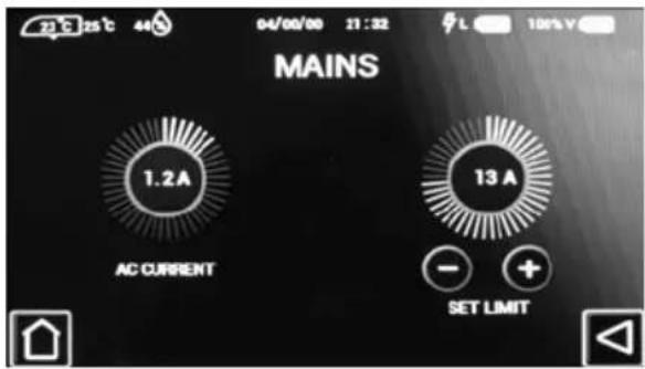 21°C 25°C 44 04/00/00 21:32 L 100% V MAINS 1.2A AC CURRENT 13 A - + SET LIMIT