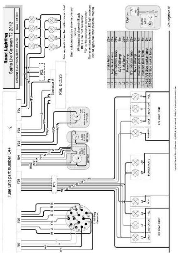 Road Lighting Sprite Life Caravan T2 2012 SARCENT ELECTRICAL SERVICES LTD Hue# 1-019411 FUSE Unit part number C44 PSU EC155 See separate sheet for cable colour chart Dual coloured cables show in primary colour White cables shown in Black RC1 is the road connector FC1 is the rear panel connector Some wire connections are Not all lights are fitted to small models Option A: A/C (M) - 0 L2N Negative W Copyright@Saratndar Devices LLC/8.4 air tunnel, Subin airway/air condition. TAL RSG ROAD LIGHT STOP INDICATOR TAL OS ROAD LIGHT VINING CONCER FR3 FR4 FR5 FR6 FR7 FR8 FR9 VW VWQ VWY VWZ VW3 VW4 VW5 VW6 VW7 VW8 VW9 VW10 VW11 VW12 VW13 VW14 VW15 VW16 VW17 VW18 VW19 VW20 VW21 VW22 VW23 VW24 VW25 VW26 VW27 VW28 VW29 VW30 VW31 VW32 VW33 VW34 VW35 VW36 VW37 VW38 VW39 VW40 VW41 VW42 VW43 VW44 VW45 VW46 VW47 VW48 VW49 VW50 VW51 VW52 VW53 VW54 VW55 VW56 VW57 VW58 VW59 VW60 VW61 VW62 VW63 VW64 VW65 VW66 VW67 VW68 VW69 VW70 VW71 VW72 VW73 VW74 VW75 VW76 VW77 VW78 VW79 VW80 VW81 VW82 VW83 VW84 VW85 VW86 VW87 VW88 VW89 VW90 VW91 VW92 VW93 VW94 VW95 VW96 VW97 VW98 VW99 VW100