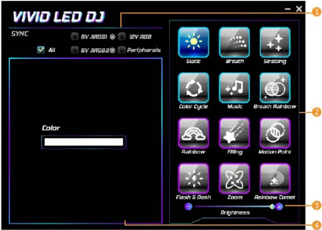 VIVID LED DJ SYNC 5V ARGB1 12V RGB All 5V ARGB2 Peripherals Color Static Breath Strobing Color Cycle Music Breath Rainbow Rainbow Filling Motion Point Flash & Dash Zoom Rainbow Comet Brightness