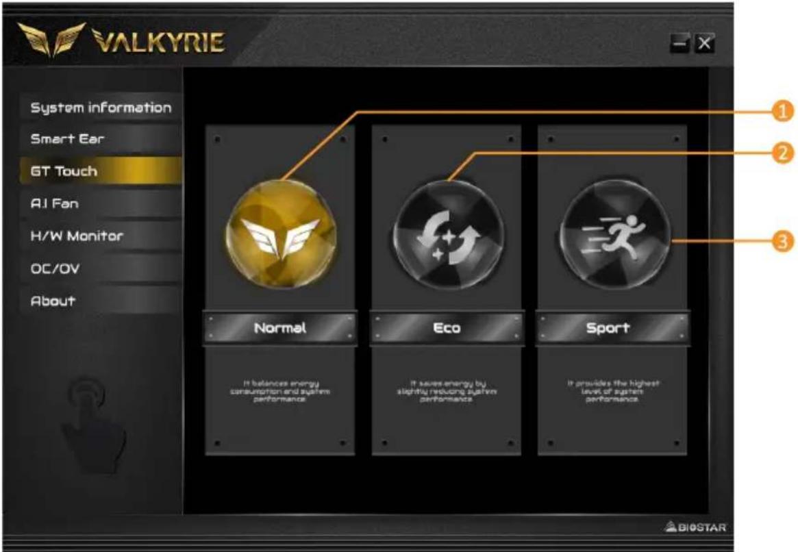 VALKYRIE System information Smart Ear GT Touch AI Fan H/W Monitor OC/OV About Normal Eco Sport It balances energy consumption and system performance It saves energy by slightly reducing system performance It provides the highest level of system performance