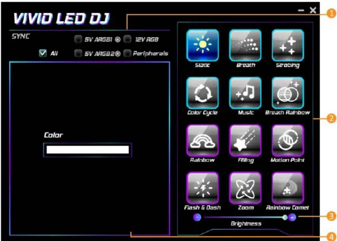 VIVID LED DJ SYNC 5V ARGB1 12V AGB All 5V ARGB2 Peripherals Color Static Breath Strobing Color Cycle Music Breath Rainbow Rainbow Filling Motion Point Flash & Dash Zoom Rainbow Comet Brightness