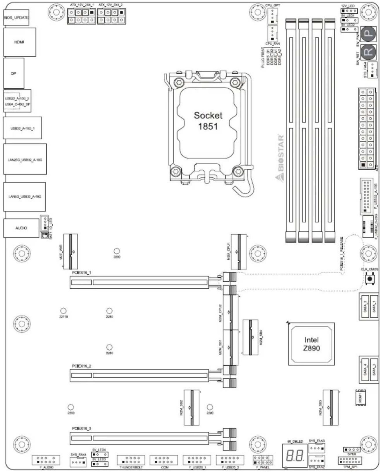 BOS_UPDATE HDMI DP USB32_A-10G_2 USB4_C-40G_DP USB32_A-10G_1 LAN25G_US892_A-10G LAN5G_US892_A-10G AUDIO SATT 10_ED ATX_17V_2X4_1 ATX_17V_2X4_2 CPU_OPT CPU_FAN CPU_LPT PLUG FIRST DDR5_31 DDR5_32 DDR5_A1 DDR5_A2 BIOSTAR 12V_LED 5V_LED1 5V_LED2 SW_RBT 5V_PAN STS_FAN P R F_US892_A-10G CLR_ONOS SATA_2 SATA_1 SATA_4 SATA_3 PCIEX16_1 PCIEX16_2 PCIEX16_3 PCIEX16_1 PCIEX16_2 PCIEX16_3 INTEL Z890 SYS_FAN1 SV_LED4 SYL_LED5 THUNDERBOLT COM F_US892_1 F_US892_2 F_PANEL 60_DBLED SYS_FAN3 SYS_FAN2 SPWR TPM_SP1