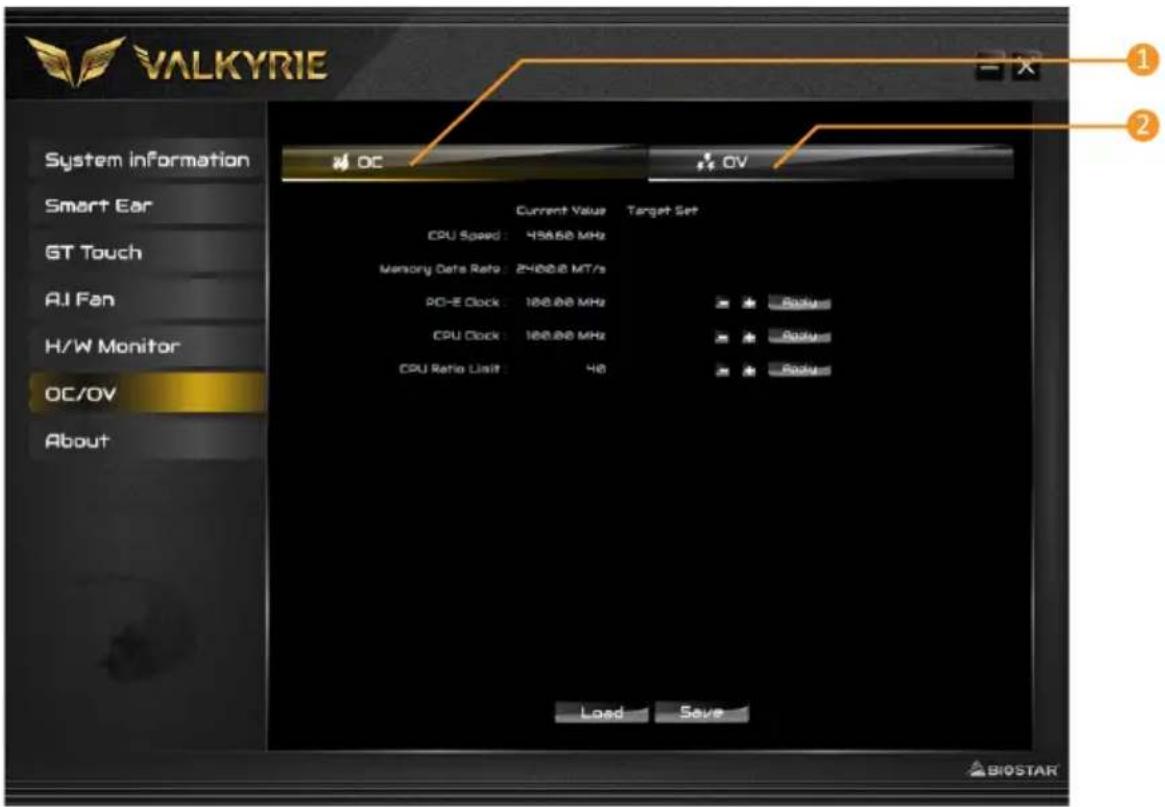 VALKYRIE System information Smart Ear GT Touch AI Fan H/W Monitor OC/OV About Current Value Target Set CPU Speed: 456.68 MHz Memory Data Rate: 2400.0 MT/s PCI-E Clock: 100.00 MHz CPU Clock: 100.00 MHz CPU Ratio Limit: 40 Load Save Load Save BIOSTAR