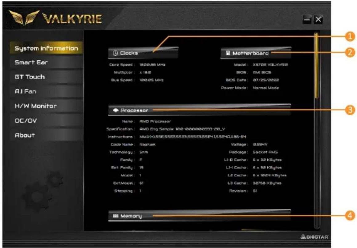VALKYRIE System information Smart Ear GT Touch AI Fan H/W Monitor OC/OV About Clocks Core Speed: 1800.68 MHz Multiplier: x 18.0 Bus Speed: 120.05 MHz Motherboard Model: X67DE VALKYRIE BIOS: AM BIOS BIOS Date: 07/25/2022 Power Mode: Normal Mode Processor Name: AMD Processor Specification: AMD Eng Semix 100-200000559-28_Y Instructions: MMX(+).SSE.SSE2.SSE3.SSSE3.SSE4.I.SSE4.X86-64 Code Name: Raphael Voltage: @59HV Technology: Snm Package: Socket OMS Family: F L1-D Cache: 6 x 32 KBytes Ext Family: 19 L1-H Cache: 6 x 32 KBytes Mode: 1 L2 Cache: 6 x 1024 KBytes ExtMode: 61 L3 Cache: 32768 KBytes Stepping: 1 Revision: 91 Memory 1 2 3 4 BIOSTAR