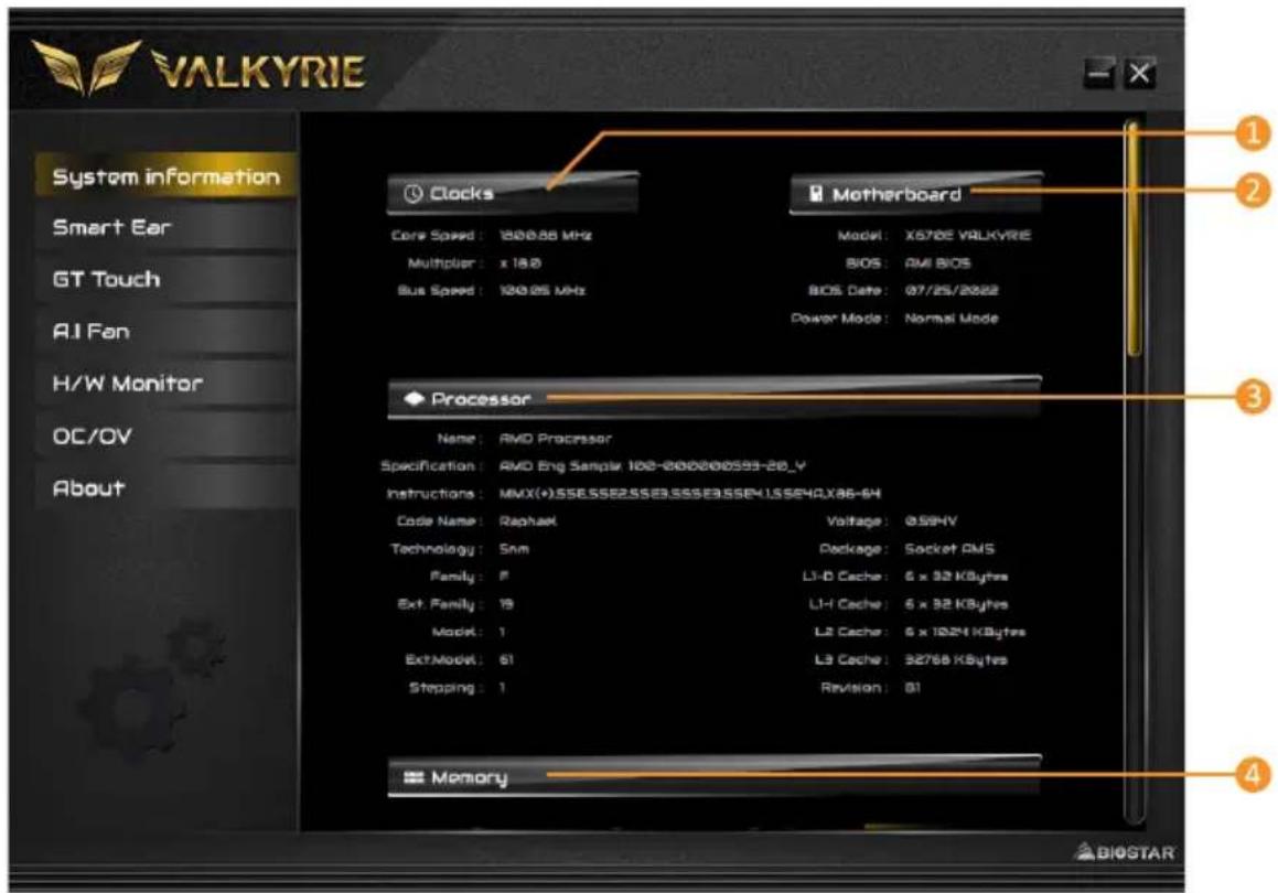 VALKYRIE System information Smart Ear GT Touch AI Fan H/W Monitor OC/OV About Clocks Core Speed: 1800.68 MHz Multiplier: x 18.0 Bus Speed: 1200.05 MHz Motherboard Model: X670E VALKYRIE BIOS: AMI BIOS BIOS Date: 07/25/2022 Power Mode: Normal Mode Processor Name: AMD Processor Specification: AMD Eng Sample 100-200000559-28_Y Instructions: MMX(+).SSS.SSSE2.SSSE3.SSSE3.SSSE4.LSSE4A.X86-64 Code Name: Raphael Voltage: @59HV Technology: Snm Package: Socket CMS Family: F L1-D Cache: 6 x 32 KBytes Ext. Family: 19 L1-H Cache: 6 x 32 KBytes Model: 1 L2 Cache: 6 x 1024 KBytes Ext.Moek: 61 L3 Cache: 32768 KBytes Stepping: 1 Revision: 61 Memory ① ② ③ ④