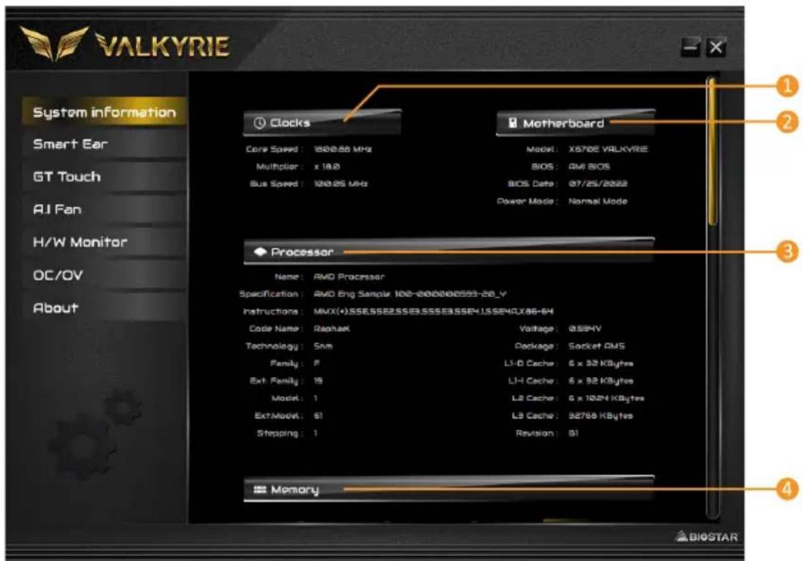 VALKYRIE System information Smart Ear GT Touch AJ Fan H/W Monitor OC/OV About Clocks Core Speed: 1800.68 MHz Multiplier: x 18.0 Bus Speed: 120.25 MHz Model: X67DE VALKYRIE BIOS: AMI BIOS BIOS Date: 07/25/2022 Power Mode: Normal Mode Motherboard Processor Name: AMD Processor Specification: AMD Eng Sample 108-200000593-28_Y Instructions: MMX(+).SSE.SSE2.SSE3.SSE3.SSE4.LSSE4.X86-64 Code Name: Raphael Voltage: @59HV Technology: Snm Package: Socket CMS Family: F L1-D Cache: 6 x 32 KBytes Ext. Family: 19 L1-H Cache: 6 x 32 KBytes Model: 1 L2 Cache: 6 x 1024 KBytes Ext.Mark: 61 L3 Cache: 32768 KBytes Stepping: 1 Revision: 01 Memory ① ② ③ ④ BIOSTAR