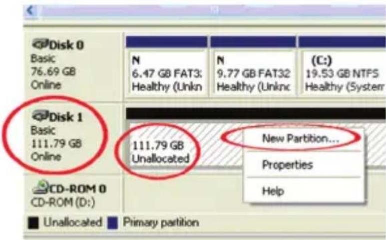Disk 0 Basic 76.69 GB Online Disk 1 Basic 111.79 GB Online CD-ROM 0 CD-ROM (D:) Unallocated Primary partition N 6.47 GB FAT3; Healthy (Unkn) N 9.77 GB FAT32 Healthy (Unknc) (C:) 19.53 GB NTFS Healthy (System) New Partition... Properties Help