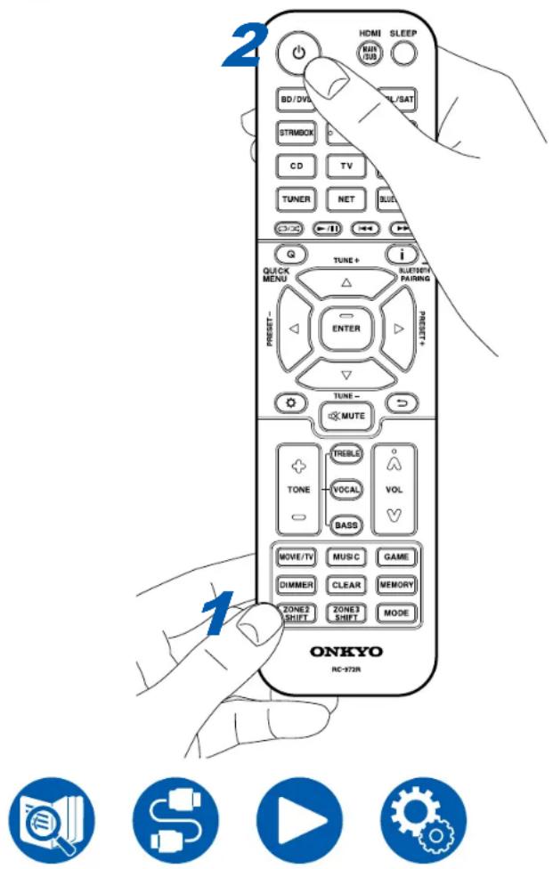 2 HDMI SLEEP RUN SUS BD/DVA VOL/SAT STRIMBOX CD TV TUNER NET BUG Q I QUICK MENU SLEEP/SPY PAINING PRESIST - ENTER TUNE - MUTE 1 ONKYO RC-973R
