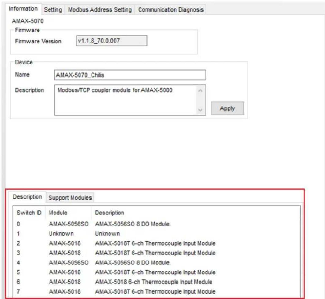 Information Setting Modbus Address Setting Communication Diagnosis AMAX-5070 Firmware Firmware Version v1.1.8_70.0.007 Device Name AMAX-5070_Chilis Description Modbus/TCP coupler module for AMAX-5000 Apply Description Support Modules Switch ID Module Description 0 AMAX-5056SO AMAX-5056SO 8 DO Module. 1 Unknown Unknown 2 AMAX-5018 AMAX-5018T 6-ch Thermocouple Input Module 3 AMAX-5018 AMAX-5018T 6-ch Thermocouple Input Module 4 AMAX-5056SO AMAX-5056SO 8 DO Module. 5 AMAX-5018 AMAX-5018T 6-ch Thermocouple Input Module 6 AMAX-5018 AMAX-5018 6-ch Thermocouple Input Module 7 AMAX-5018 AMAX-5018T 6-ch Thermocouple Input Module