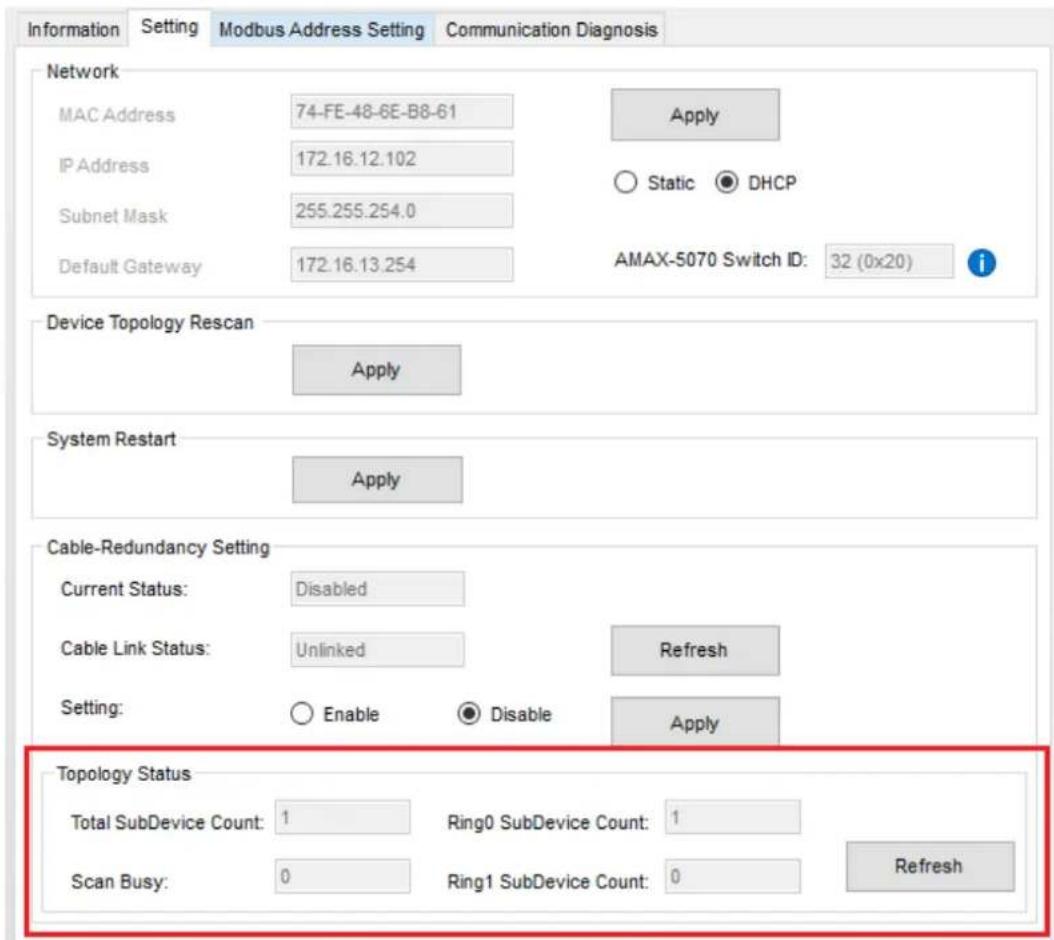 Information Setting Modbus Address Setting Communication Diagnosis Network MAC Address 74-FE-48-6E-B8-61 Apply IP Address 172.16.12.102 Static DHCP Subnet Mask 255.255.254.0 Default Gateway 172.16.13.254 AMAX-5070 Switch ID: 32 (0x20) Device Topology Rescan Apply System Restart Apply Cable-Redundancy Setting Current Status: Disabled Cable Link Status: Unlinked Refresh Setting: Enable Disable Apply Topology Status Total SubDevice Count: 1 Ring0 SubDevice Count: 1 Scan Busy: 0 Ring1 SubDevice Count: 0 Refresh
