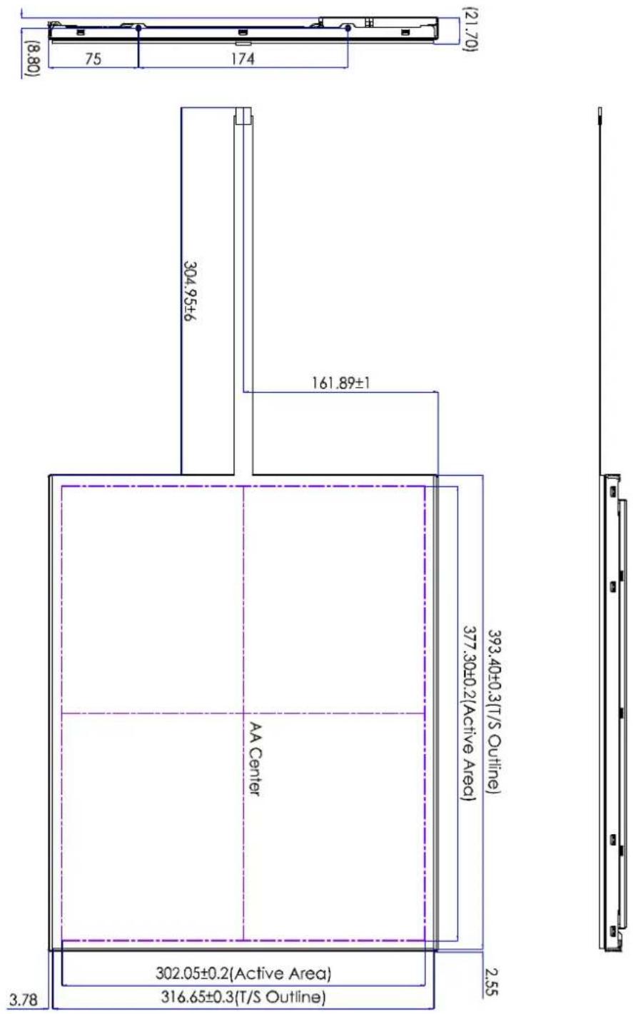 3.78 302.05±0.2(Active Area) 316.65±0.3(T/S Outline) 393.40±0.3(T/S Outline) 377.30±0.2(Acive Area) 2.55 304.95±6 AA Center (21.70) (8.80) 75 174 2.55