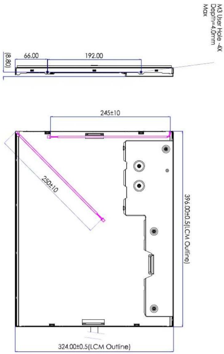 M3 User Hole -4X Depth=4.0mm Max 66.00 192.00 (8.80) 245±10 250±10 324.00±0.5(LCM Outline) 396.00±0.5(LCM Outline)