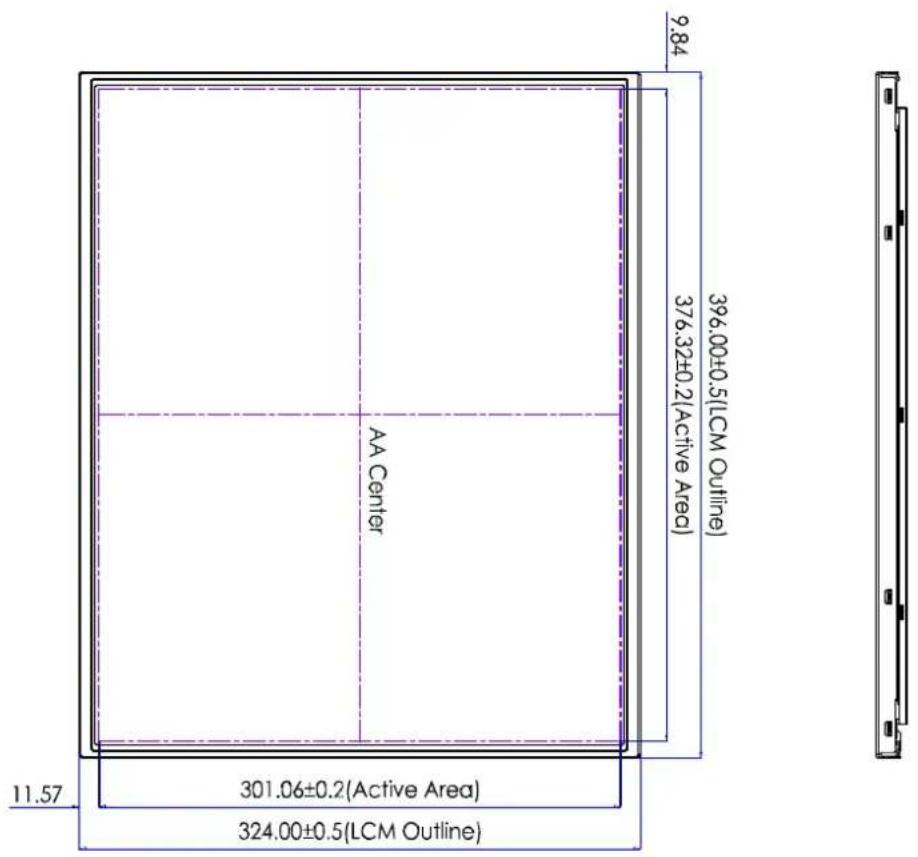 9.84 396.00±0.5(LCM Outline) 376.32±0.2(Active Area) AA Center 11.57 301.06±0.2(Active Area) 324.00±0.5(LCM Outline)