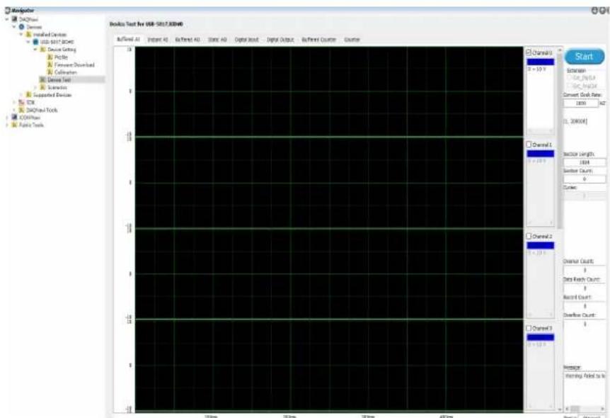 Audio Player DAQTime Davon Installed Devices USB: 5017.824V Device Setting Profile Foreground Download Collection Dense Test Settings Supported Devices DCR DAQTime Tools CDRTime Audio Tools waveform Text for USB-5017.824V0 A/B/Ampl A1 Project A2 Bitfield A3 Start A4 Digital Event Digital Output Bit Filter Counter Counter Channel 0 0 - 10.0 Channel 1 0 - 10.0 Channel 2 0 - 10.0 Channel Count: Data Each Count: Record Count: Overlap Count: Message Warning Related to R Start