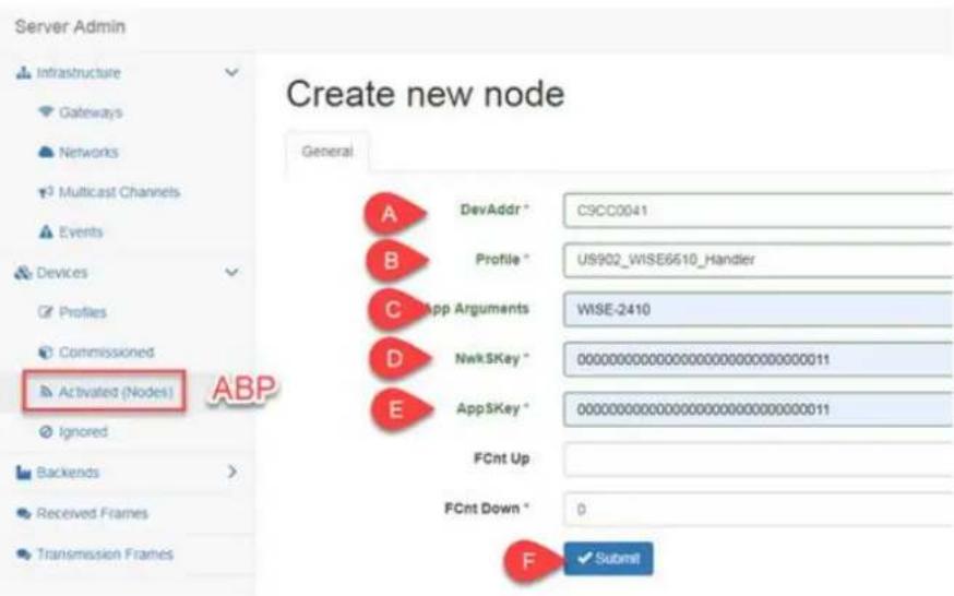 Server Admin Infrastructure Gateways Networks Multicast Channels Events Devices Profiles Commissioned Activated (Nodes) Abp Ignored Backends Received Frames Transmission Frames Create new node General A DevAddr * C9CC0041 B Profile * US902_WISE6610_Handler C App Arguments WISE-2410 D NwkSKey * 000000000000000000000000000011 E AppSKey * 0000000000000000000000000011 FCnt Up FCnt Down * F Submit