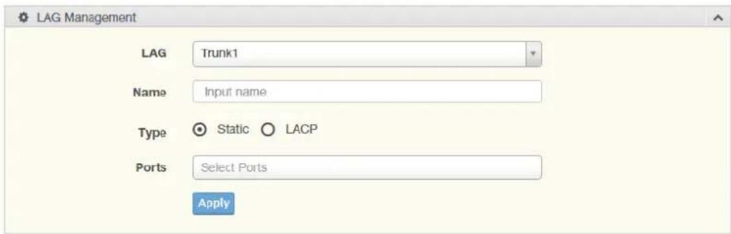 LAG Management LAG Trunk1 Name Input name Type Static LACP Ports Select Ports Apply
