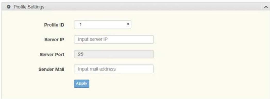 Profile Settings Profile ID 1 Server IP Input server IP Server Port 25 Sender Mail Input mail address Apply
