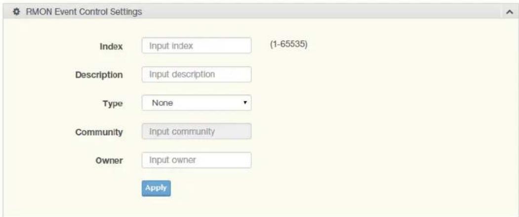 RMON Event Control Settings Index Input index (1-65535) Description Input description Type None Community Input community Owner Input owner Apply