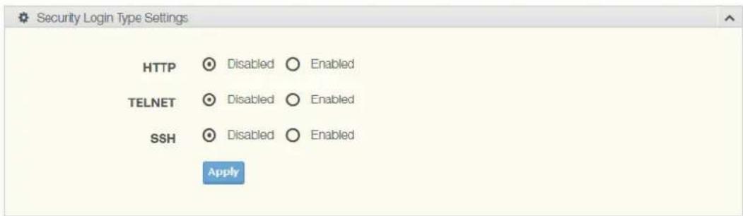 Security Login Type Settings HTTP ○ Disabled ○ Enabled TELNET ○ Disabled ○ Enabled SSH ○ Disabled ○ Enabled Apply