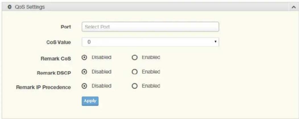 QoS Settings Port Select Port CoS Value 0 Remark CoS Disabled Enabled Remark DSCP Disabled Enabled Remark IP Precedence Disabled Enabled Apply