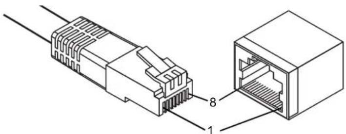 Technical diagram showing two Ethernet connectors with labeled pins 1 and 8