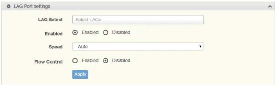 LAG Port settings LAG Select Select LAGs Enabled Enabled Disabled Speed Auto Flow Control Enabled Disabled Apply