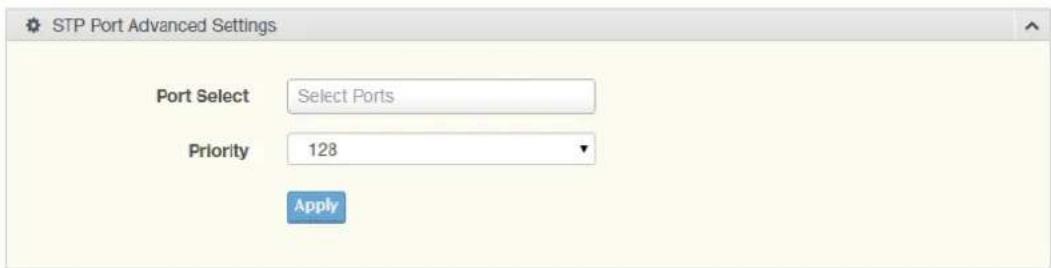 STP Port Advanced Settings Port Select Select Ports Priority 128 Apply