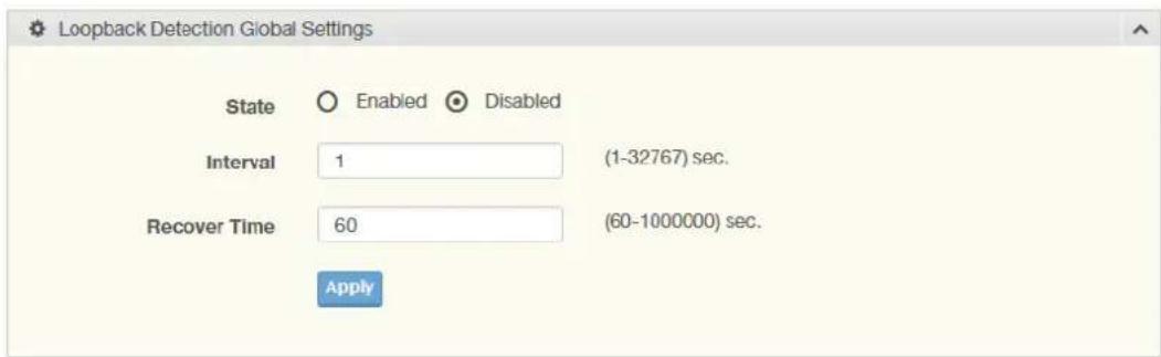 Loopback Detection Global Settings State Enabled Disabled Interval 1 (1-32767) sec. Recover Time 60 (60-1000000) sec. Apply