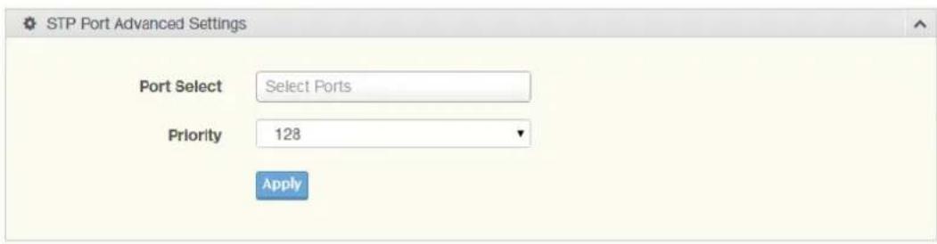 STP Port Advanced Settings Port Select Select Ports Priority 128 Apply