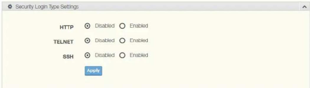 Security Login Type Settings HTTP ○ Disabled ○ Enabled TELNET ○ Disabled ○ Enabled SSH ○ Disabled ○ Enabled Apply