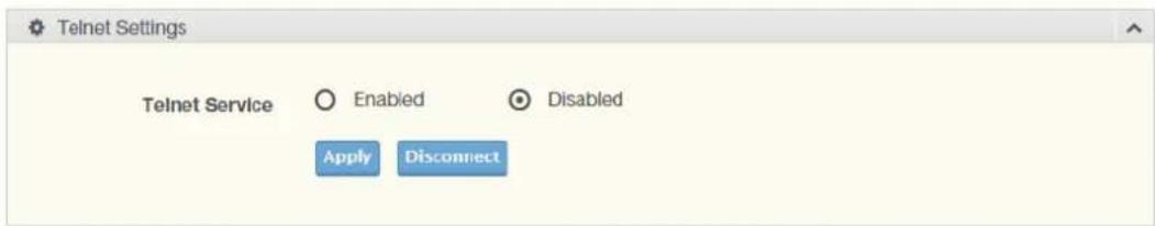 Telnet Settings Telnet Service ○ Enabled ○ Disabled Apply Disconnect