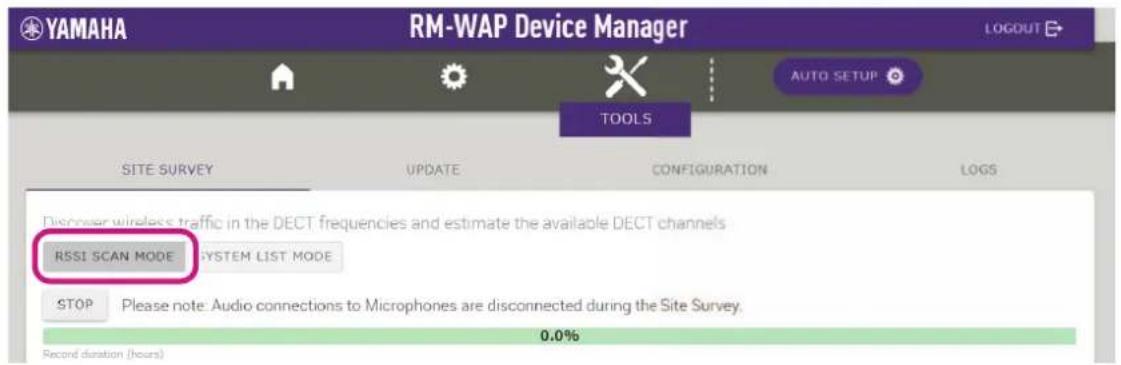 YAMAHA RM-WAP Device Manager LOGDUT AUTO SETUP TOOLS SITE SURVEY UPDATE CONFIGURATION LOGS Discover wireless traffic in the DECT frequencies and estimate the available DECT channels RSSI SCAN MODE SYSTEM LIST MODE STOP Please note: Audio connections to Microphones are disconnected during the Site Survey. 0.0% Record duration (hours)