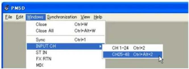 PM5D File Edit Windows Synchronization View Help Close Ctrl+W Close All Ctrl+Alt+W Sync Ctrl+1 INPUT CH ST IN FX RTN MDX CH 1-24 Ctrl+2 CH25-48 Ctrl+Alt+2