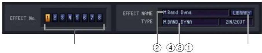 EFFECT No. 1 2 3 4 5 6 7 8 EFFECT NAME TYPE M.Band Dyna. LIBRARY M.BAND DYNA 2IN/2OUT ② ④ ③ ①