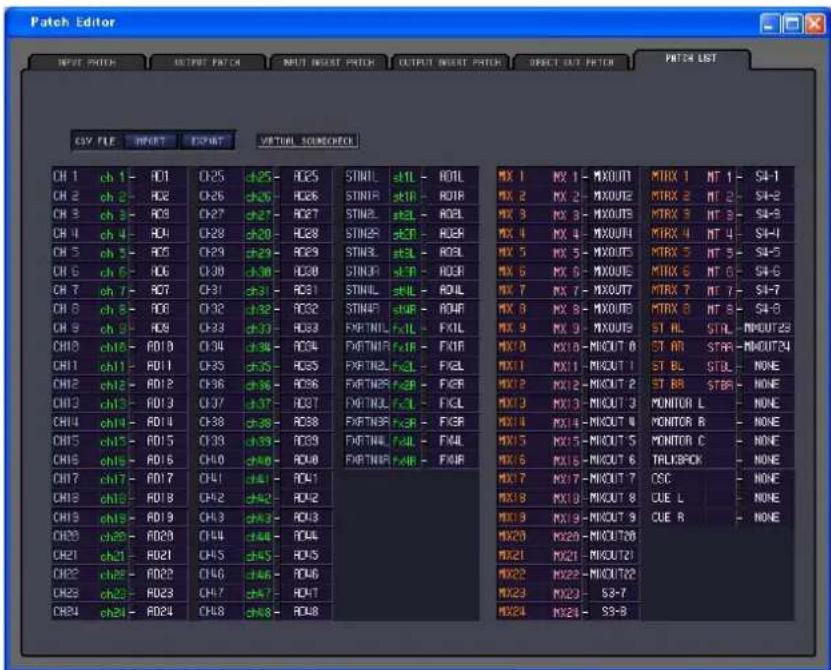 Patch Editor OUTPUT PATCH OUTPUT PATCH INPUT INSERT PATCH OUTPUT INSERT PATCH DIRECT OUT PATCH PITCH LIST CSY FILE OFFSET EXPORT VIRTUAL SOURCECHECK CH 1 ch 1 - RO1 CH25 ch25 - RC25 STINIL stIL - ROIL CH 2 ch 2 - RO2 CH26 ch26 - RC26 STINR stIR - ROIR CH 3 ch 3 - RO3 CH27 ch27 - RC27 STINL stEL - ROIL CH 4 ch 4 - RO4 CH28 ch28 - RC28 STINR stT - ROIR CH 5 ch 5 - RO5 CH29 ch29 - RC29 STINR stL - ROIL CH 6 ch 6 - RO6 CH30 ch30 - RC30 STINR stP - ROIR CH 7 ch 7 - RO7 CH31 ch31 - RC31 STINL stL - ROIL CH 8 ch 8 - RO8 CH32 ch32 - RC32 STINP stP - ROIR CH 9 ch 9 - RO9 CH33 ch33 - RC33 PARTNIL fXL - FXIL CH10 ch10 - RO10 CH34 ch34 - RC34 PARTNIL fXIR - FXIR CH11 ch11 - RO11 CH35 ch35 - RC35 PARTNIL fXL - FXEL CH12 ch12 - RO12 CH36 ch36 - RC36 PARTNIL fXP - FXIR CH13 ch13 - RO13 CH37 ch37 - RC37 PARTNIL fXL - FXGL CH14 ch14 - RO14 CH38 ch38 - RC38 PARTNIL fXP - FXGR CH15 ch15 - RO15 CH39 CH39 - RC39 PARTNIL fXL - FXML CH16 ch16 - RO16 CH40 d40 RDU8 PARTNIL fXIR - FXMR CH17 ch17 - RO17 CH41 d41 RD41 CH18 ch18 - RO18 CH42 d42 RD42 CH19 ch19 - RO19 CH43 d43 RD43 CH20 ch20 - RO20 CH44 d44 RD44 CH21 ch21 - RO21 CH45 d45 RD45 CH22 ch22 - RO22 CH46 d46 RD46 CH23 ch23 - RO23 CH47 d47 RD47 CH24 ch24 - RO24 CH48 d48 RD48 MX 1 MX 1 = MXOUT MTRX 1 NT 1- SK-1 MX 2 MX 2 = MXOUT MTRX 2 NT 2- SK-2 MX 3 MX 3 = MXOUT MTRX 3 NT 3- SK-3 MX 4 MX 4 = MXOUT MTRX 4 NT 4- SK-4 MX 5 MX 5 = MXOUT MTRX 5 NT 5- SK-5 MX 6 MX 6 = MXOUT MTRX 6 NT 6- SK-6 MX 7 MX 7 = MXOUT MTRX 7 NT 7- SK-7 MX 8 MX 8 = MXOUT MTRX 8 NT 8- SK-8 MX 9 MX 9 = MXOUT ST HL STIL NPOUT23 MX10 MX10 = MKOUT ST AR STAR NPOUT24 MX11 MX11 = MKOUT ST BL STDL NONE MX12 MX12 = MKOUT ST BR STBR NONE MX13 MX13 = MKOUT MOUNT L NONE MX14 MX14 = MKOUT PONITOR R NONE MX15 MX15 = MKOUT S MOUNT C NONE MX16 MX16 = MKOUT TALPSPOCK NONE MX17 MX17 = MKOUT SC CCC NONE MX18 MX18 = MKOUT CT CUE L NONE MX19 MX19 = MKOUT CT CUE R NONE MX20 MX20 = MKOUT CTG NX21 MX21 = MKOUT CTG NX22 MX22 = MKOUT CTG NX23 SX-7 MX24 MX24 = SX-8