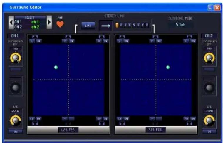 Surround Editor SELECT CH 1 ch 1 CH 2 ch 2 PAR STEREO LINK LINE SUPPOUND MODE 5.1ch CH 1 DIFFERENCE DV L23 F23 R23 F23 CH 2 DIFFERENCE DV LFE -0.008 LFE -0.008 LFE -0.008 ON