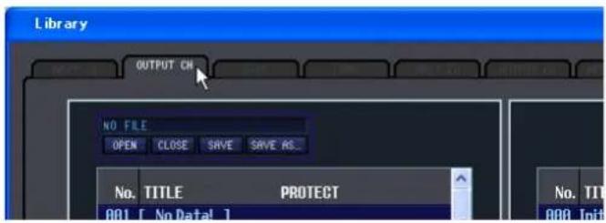 Library OUTPUT CH NO FILE OPEN CLOSE SAVE SAVE AS... No. TITLE PROTECT 001 [ No Data] No. TIT 000 Init