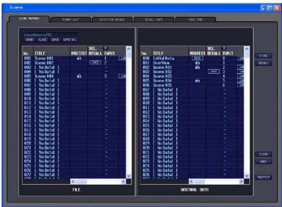 Scene SCENE MEMORY EVENT LIST SELECTING RECALL RECALL SAVE PAGE TIME Scene/Resource/PRTS OFF CLOSE SAVE SAVE FOR... No. TITLE PROTECT SEL. RECALL INPUT 001 Scene #01 002 Scene #02 003 [ No Data1 ] 004 [ No Data1 ] 005 Scene #04 006 [ No Data1 ] 007 [ No Data1 ] 008 [ No Data1 ] 009 [ No Data1 ] 010 [ No Data1 ] 011 [ No Data1 ] 012 [ No Data1 ] 013 [ No Data1 ] 014 [ No Data1 ] 015 [ No Data1 ] 016 [ No Data1 ] 017 [ No Data1 ] 018 [ No Data1 ] 019 [ No Data1 ] 020 [ No Data1 ] 021 [ No Data1 ] 022 [ No Data1 ] 023 [ No Data1 ] 024 [ No Data1 ] 025 [ No Data1 ] 026 [ No Data1 ] 027 [ No Data1 ] NOTE: TITLE PROTECT SEL. RECALL INPUT 008 Initial Data ECD 8 LN 001 OverView # 1 002 Scene #01 # 2 003 Scene #02 # 3 004 Scene #03 # 4 005 Scene #04 # 5 006 Scene #05 # 6 007 [ No Data1 ] # -- 008 [ No Data1 ] # -- 009 [ No Data1 ] # -- 010 [ No Data1 ] # -- 011 [ No Data1 ] # -- 012 [ No Data1 ] # -- 013 [ No Data1 ] # -- 014 [ No Data1 ] # -- 015 [ No Data1 ] # -- 016 [ No Data1 ] # -- 017 [ No Data1 ] # -- 018 [ No Data1 ] # -- 019 [ No Data1 ] # -- 020 [ No Data1 ] # -- 021 [ No Data1 ] # -- 022 [ No Data1 ] # -- 023 [ No Data1 ] # -- 024 [ No Data1 ] # -- 025 [ No Data1 ] # -- 026 [ No Data1 ] #VALUE INTERNAL DATA