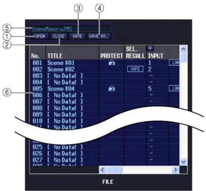 SceneMemory.PMS OPEN CLOSE SAVE SAVE AS... No. TITLE PROTECT SEL. SELECT RECALL INPUT 001 Scene #01 002 Scene #02 003 [ No Data! ] 004 [ No Data! ] 005 Scene #04 006 [ No Data! ] 007 [ No Data! ] 008 [ No Data! ] 009 [ No Data! ] 010 [ No Data! ] 011 [ No Data! ] 025 [ No Data! ] 026 [ No Data! ] 027 [ No Data! ] 028 [ No Data! ] FILE