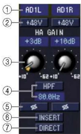 ① AD1L AD1R +48V +48V HA GAIN +3dB +10dB ③ +10° -62+10° -62 ④ HPF 80.0Hz ⑤ INSERT DIRECT ⑥