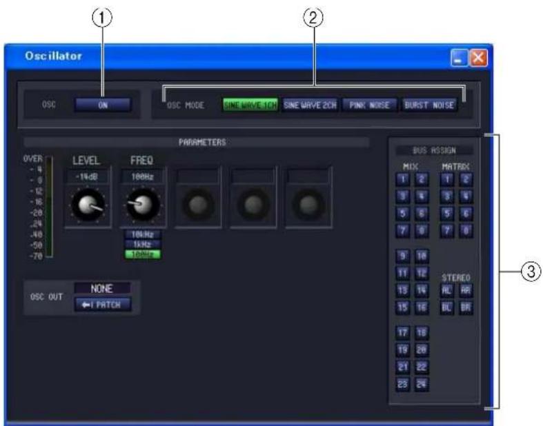 Oscillator OSC ON OSC MODE SINE WAVE 1CH SINE WAVE 2CH PINK NOISE BURST NOISE PARAMETERS OVER LEVEL FREQ BUS RSSIGN -4 -14dB 100Hz -6 -12 -16 -28 -24 -40 -46 -50 -70 -70 10kHz 1kHz 1kHz MIX MATRIX T 2 T 2 3 4 3 4 5 6 5 6 7 8 7 8 9 10 11 12 STEREO 13 14 RC RR 15 16 BC BR 17 18 19 20 21 22 23 24 OSC OUT NONE ←I PATCH ③