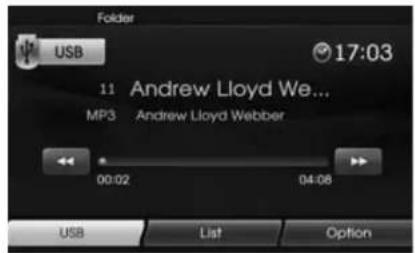 Folder USB 17:03 11 Andrew Lloyd We... MP3 Andrew Lloyd Webber 00:02 04:08 USB List Option
