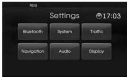 REG Settings 17:03 Bluetooth System Traffic Navigation Audio Display