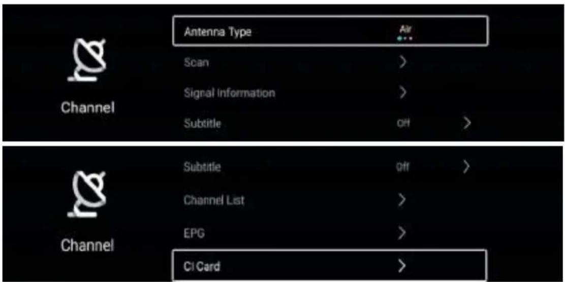 Antenna Type Air Scan Signal Information Subtitle off Subtitle off Channel List EPG CI Card Channel