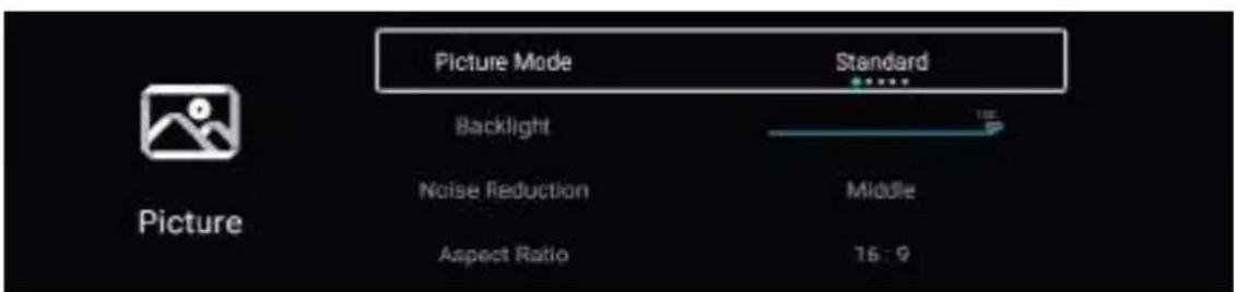 Picture Mode Backlight Noise Reduction Aspect Ratio Standard Middle 16:9