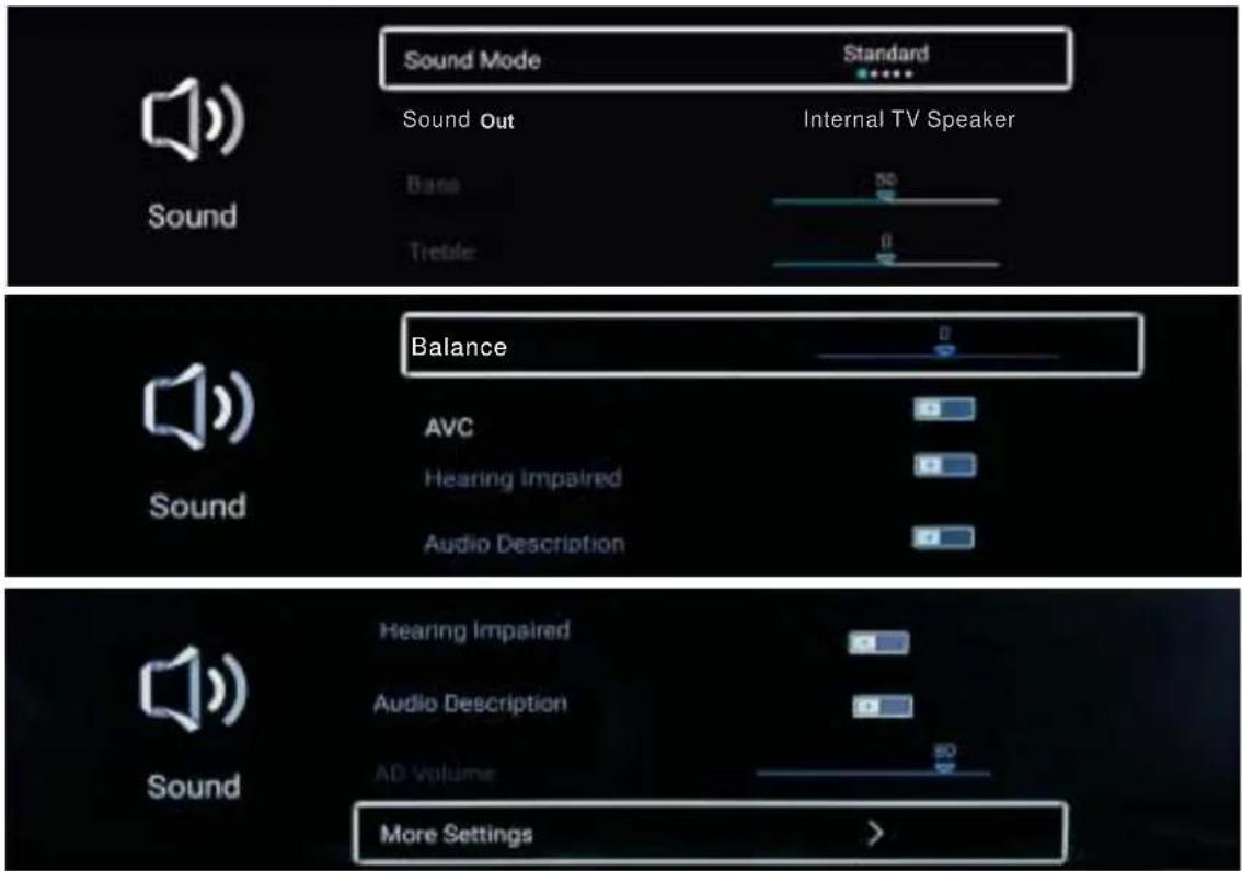 Sound Mode Standard Sound Out Internal TV Speaker Base Tretale Balance AVC Hearing Impaired Audio Description Sound Hearing Impaired Audio Description AD Volume More Settings >